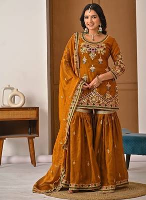 Copper embroidery Blend Tissue fully stitched sharara suit set 2