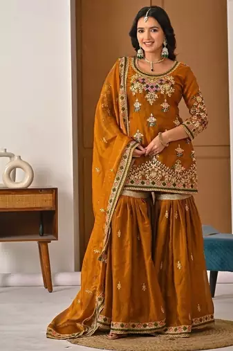 Copper embroidery Blend Tissue fully stitched sharara suit set