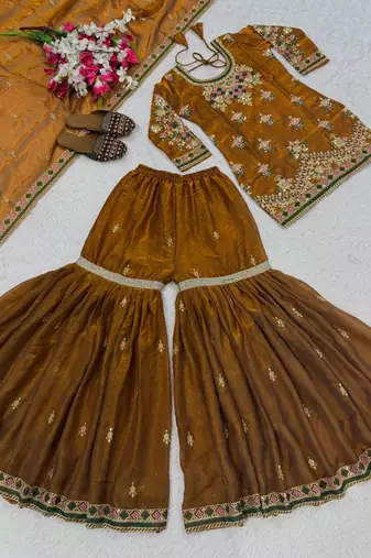 Copper embroidery Blend Tissue fully stitched sharara suit set
