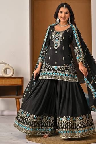 Black embroidery vichitra silk fully stitched sharara palazzo suit set