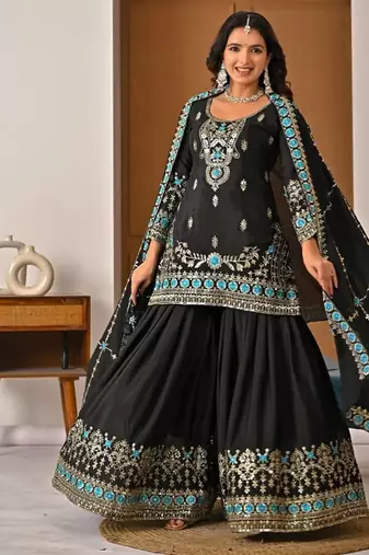 Black embroidery vichitra silk fully stitched sharara palazzo suit set
