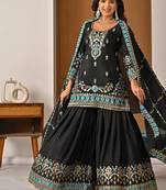 Black embroidery vichitra silk fully stitched sharara palazzo suit set