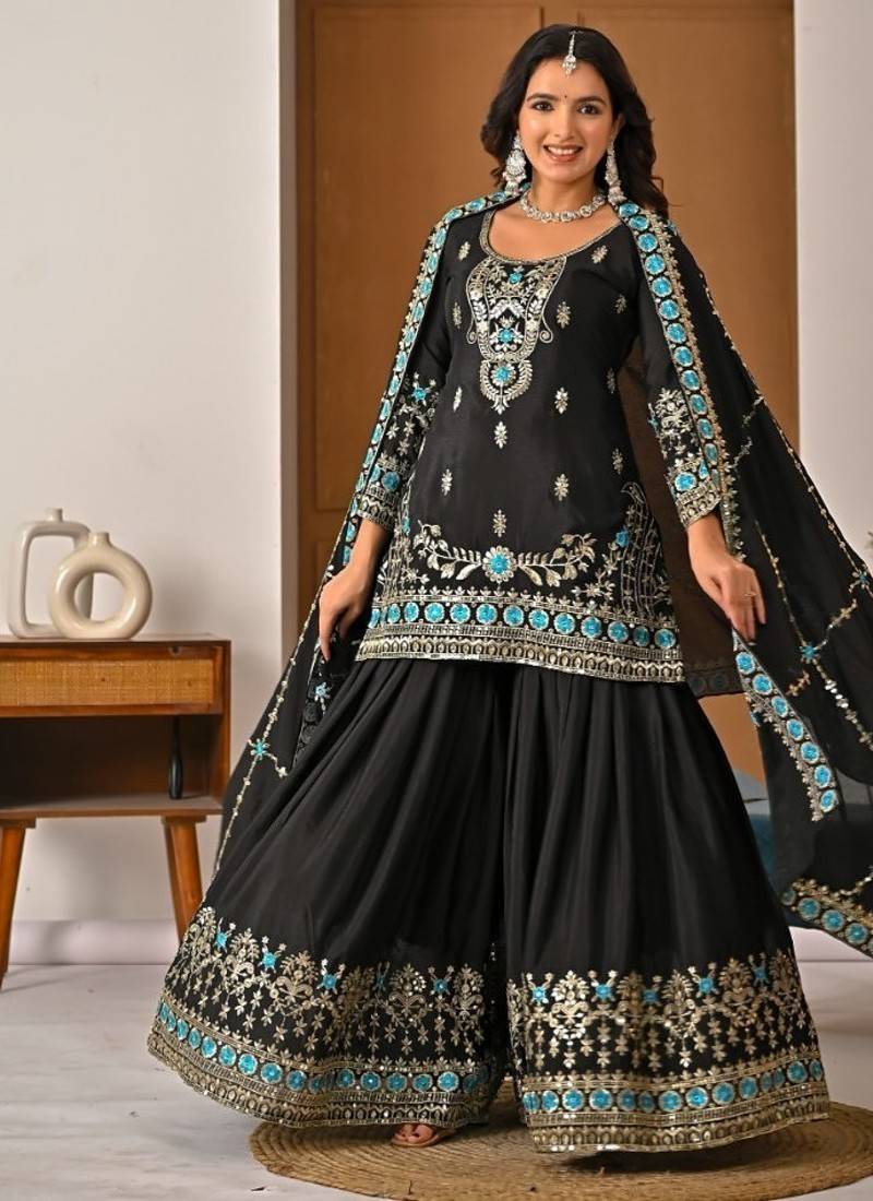 Black embroidery vichitra silk fully stitched sharara palazzo suit set