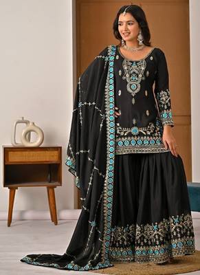 Black embroidery vichitra silk blend fully stitched sharara suit set 2