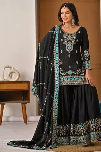 Black embroidery vichitra silk blend fully stitched sharara suit set