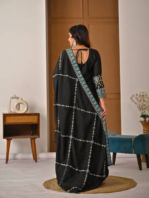 Black embroidery vichitra silk blend fully stitched sharara suit set 3