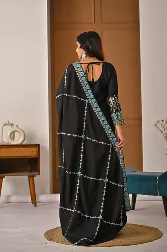 Black embroidery vichitra silk blend fully stitched sharara suit set