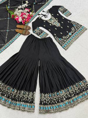 Black embroidery vichitra silk blend fully stitched sharara suit set 4