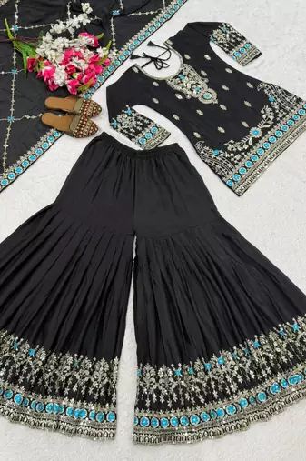 Black embroidery vichitra silk blend fully stitched sharara suit set