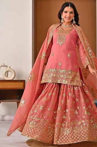 Peach embroidery crunchy silk fully stitched sharara palazzo suit set