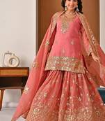 Peach embroidery crunchy silk fully stitched sharara palazzo suit set