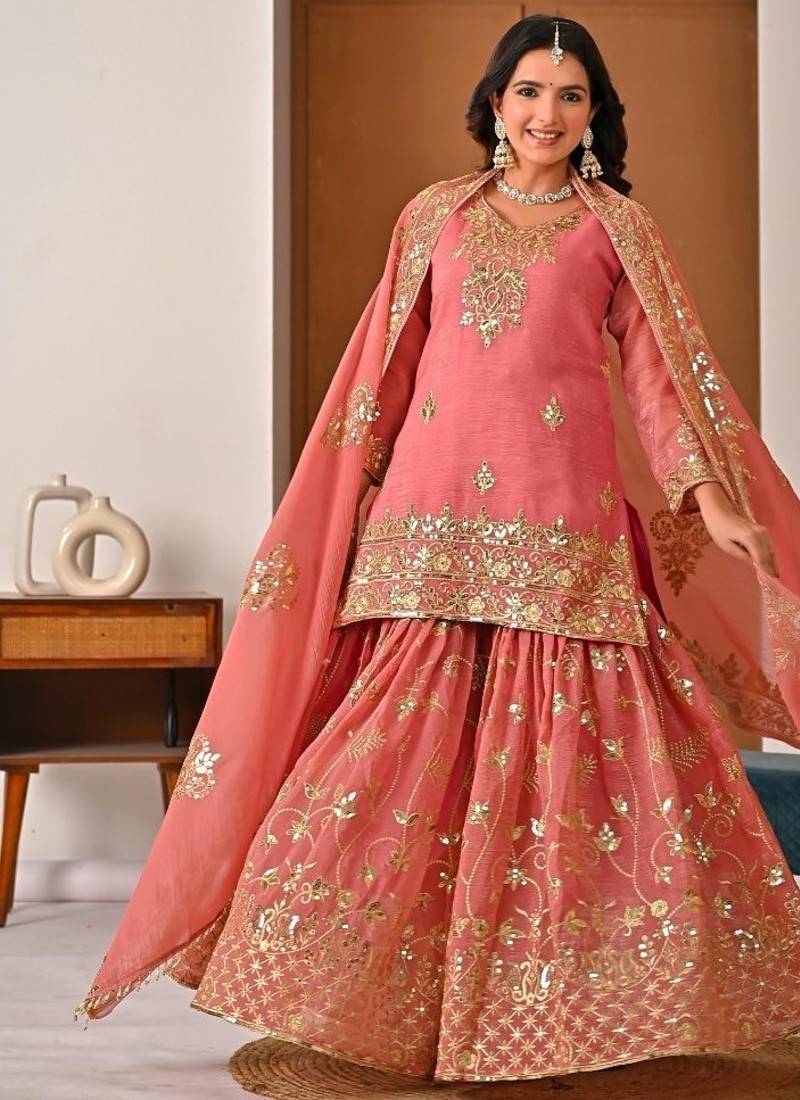 Peach embroidery crunchy silk fully stitched sharara palazzo suit set