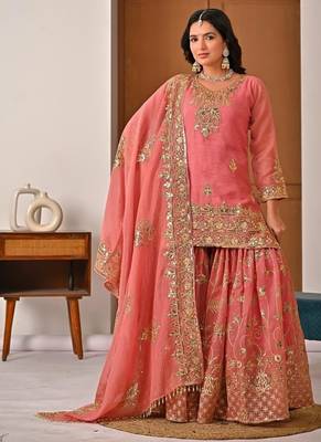 Peach embroidery crunchy silk blend fully stitched sharara suit set 2