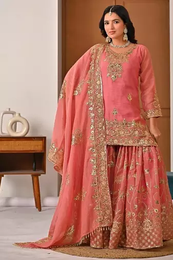 Peach embroidery crunchy silk blend fully stitched sharara suit set