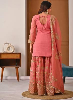 Peach embroidery crunchy silk blend fully stitched sharara suit set 3