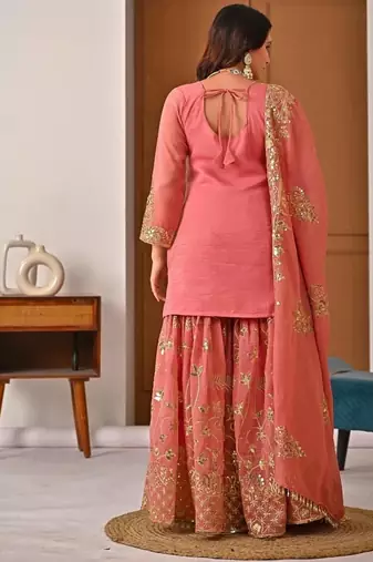 Peach embroidery crunchy silk blend fully stitched sharara suit set