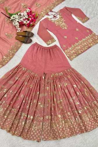Peach embroidery crunchy silk blend fully stitched sharara suit set