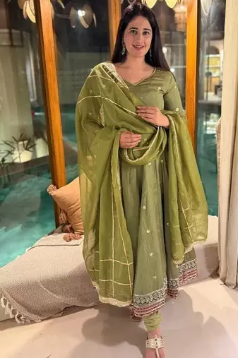 Olive green embroidery vichitra silk anarkali suit set