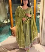 Olive green embroidery vichitra silk anarkali suit set