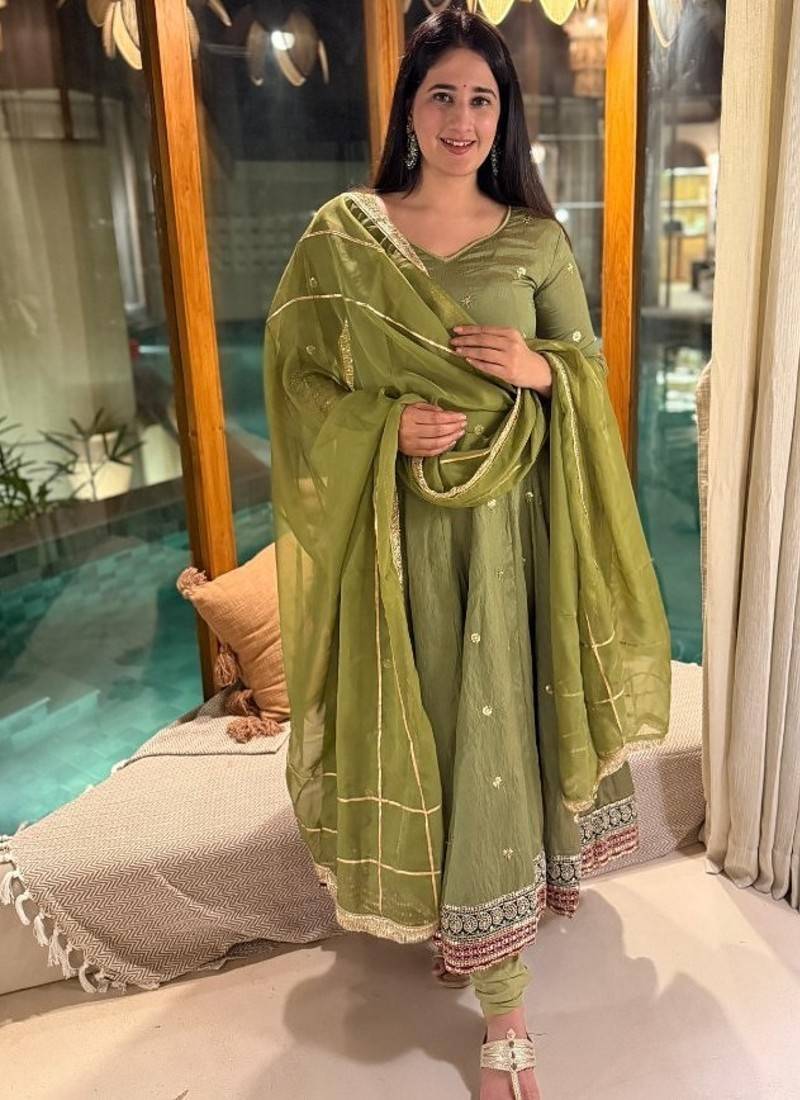 Olive green embroidery vichitra silk anarkali suit set