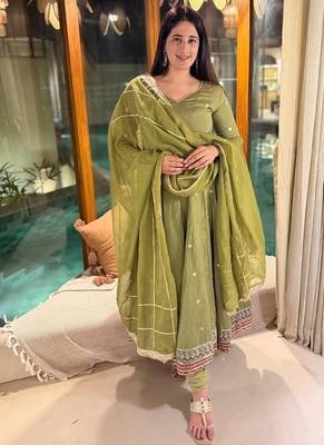 Olive green embroidery vichitra silk blend anarkali suit set 2