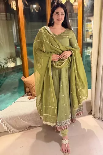 Olive green embroidery vichitra silk anarkali suit set
