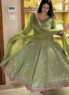 Olive green embroidery vichitra silk blend anarkali suit set 3