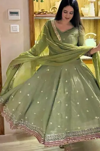 Olive green embroidery vichitra silk anarkali suit set