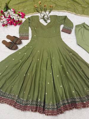 Olive green embroidery vichitra silk blend anarkali suit set 4