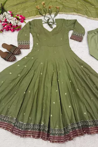 Olive green embroidery vichitra silk anarkali suit set