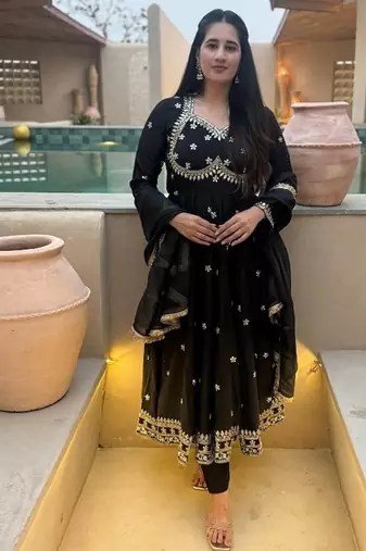 Black embroidery vichitra silk anarkali suit set