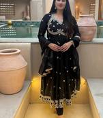 Black embroidery vichitra silk anarkali suit set