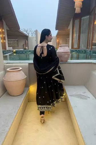 Black embroidery vichitra silk anarkali suit set