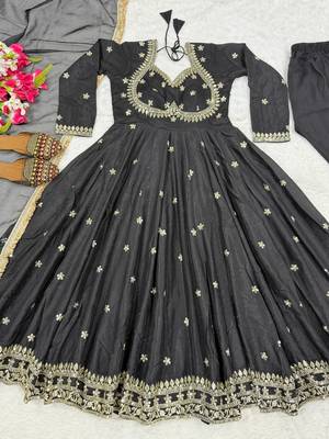 Black embroidery vichitra silk blend anarkali suit set 4