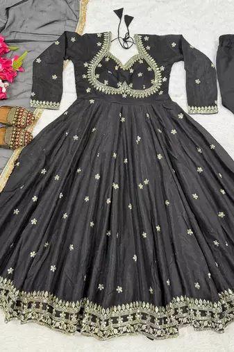 Black embroidery vichitra silk anarkali suit set