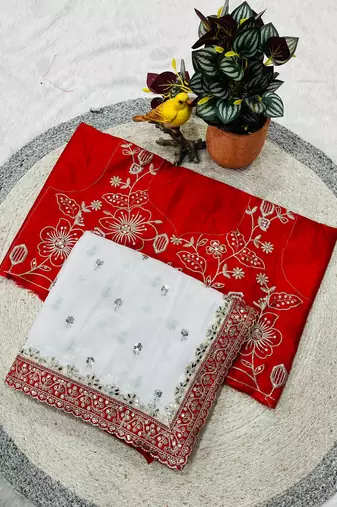 White Color Sequins with Silver & Jari Dori Embroidery work   Faux Georgette  Saree