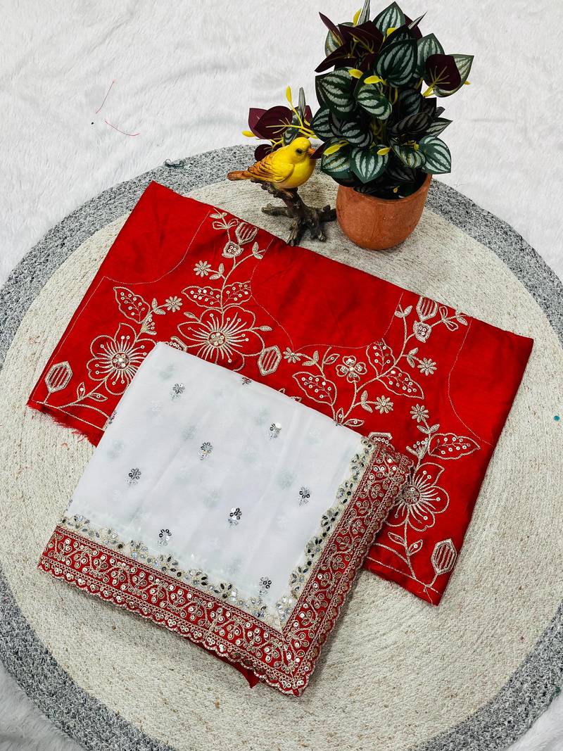 White Color Sequins with Silver & Jari Dori Embroidery work   Faux Georgette  Saree