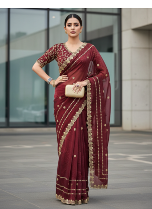 Maroon Color  jari Dori Thread Embroidery Work  Velvet Saree 1