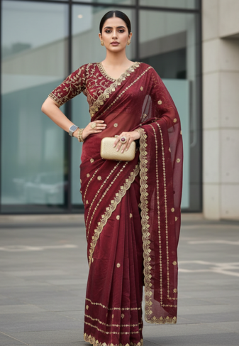Maroon Color  jari Dori Thread Embroidery Work  Velvet Saree
