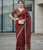 Maroon Color  jari Dori Thread Embroidery Work  Velvet Saree