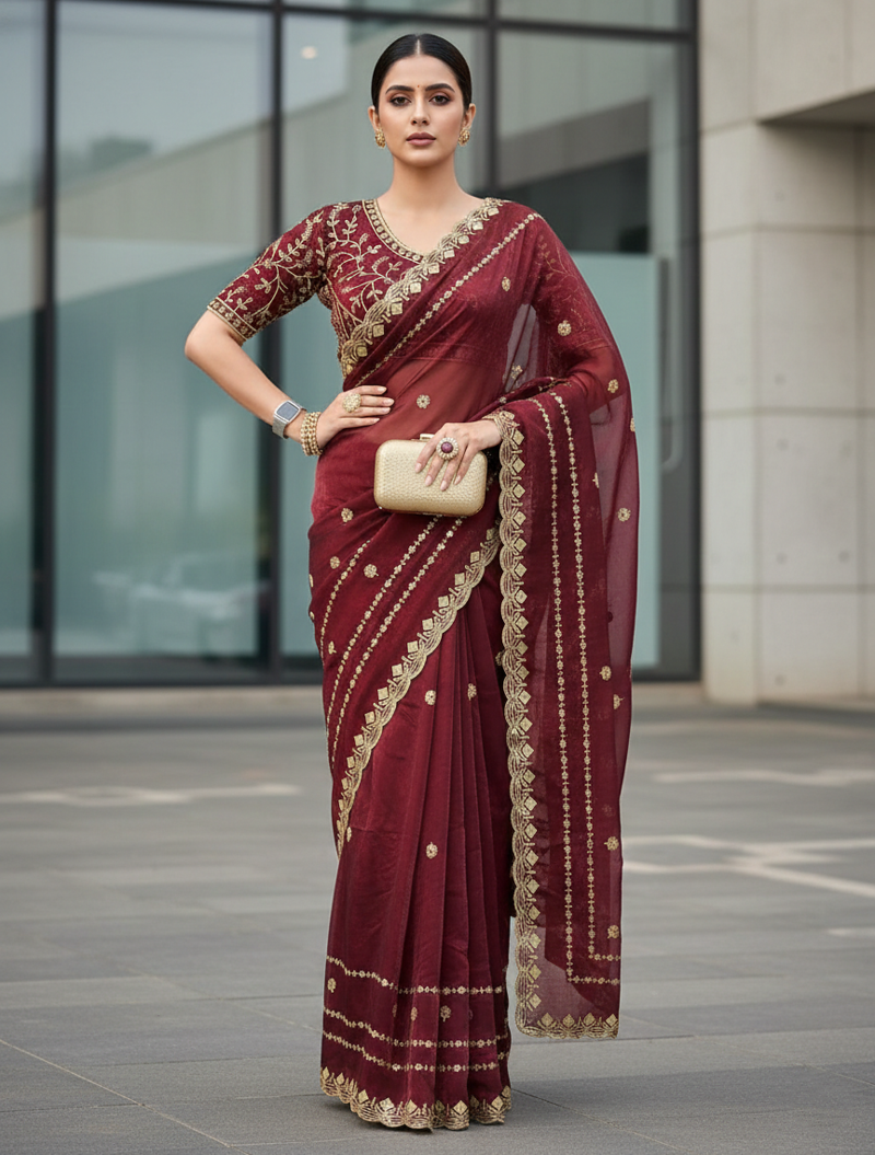 Maroon Color  jari Dori Thread Embroidery Work  Velvet Saree