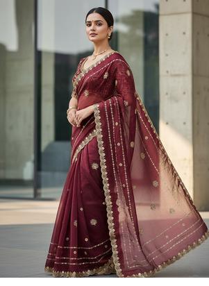 Maroon Color  jari Dori Thread Embroidery Work  Velvet Saree 3