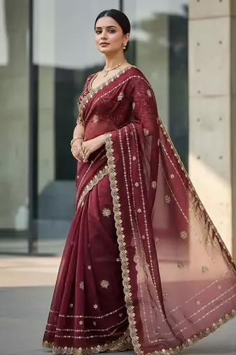Maroon Color  jari Dori Thread Embroidery Work  Velvet Saree
