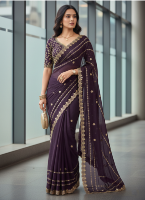 Purple Color  jari Dori Thread Embroidery Work  Velvet Saree 1