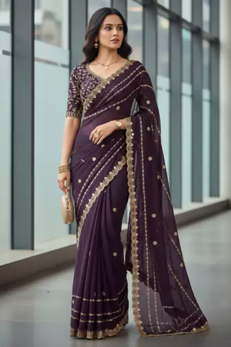 Purple Color  jari Dori Thread Embroidery Work  Velvet Saree