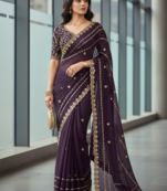 Purple Color  jari Dori Thread Embroidery Work  Velvet Saree