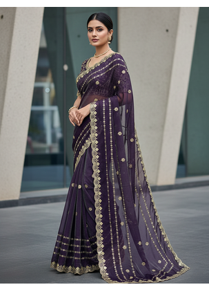 Purple Color  jari Dori Thread Embroidery Work  Velvet Saree 2