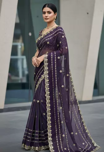 Purple Color  jari Dori Thread Embroidery Work  Velvet Saree