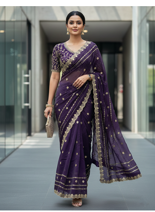 Purple Color  jari Dori Thread Embroidery Work  Velvet Saree 3