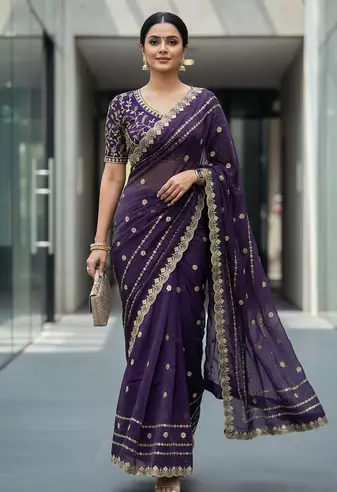 Purple Color  jari Dori Thread Embroidery Work  Velvet Saree